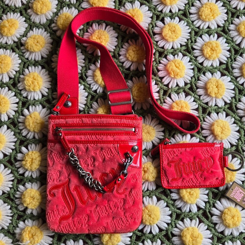 Juicy Couture Red Velour Crossbody Bag with Keychain Wallet